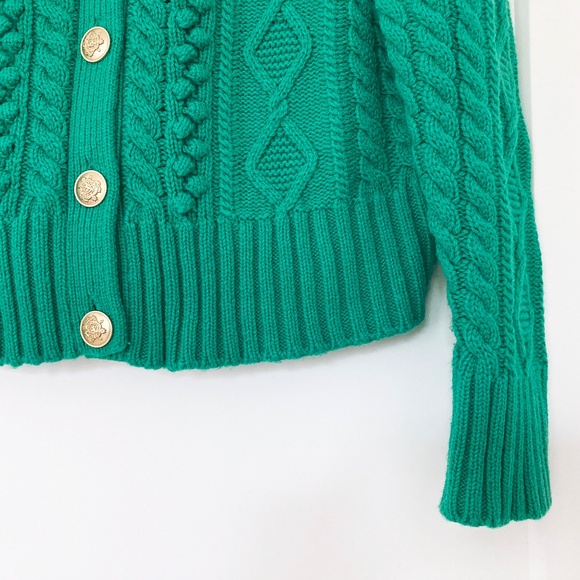 J. Crew Green Cable Knit Chunky Cardigan Sweater - M - Picture 3 of 4